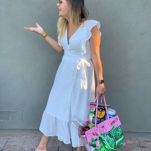 NWT- Le Lis long V-neck white dress with silver thread woven in.